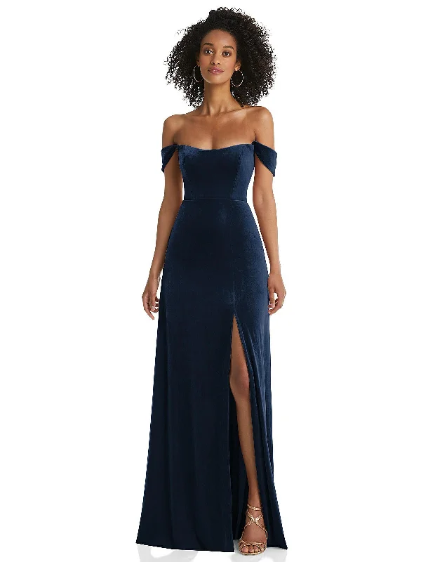 women's cinched-waist dressesOff-the-Shoulder Flounce Sleeve Velvet Maxi Dress