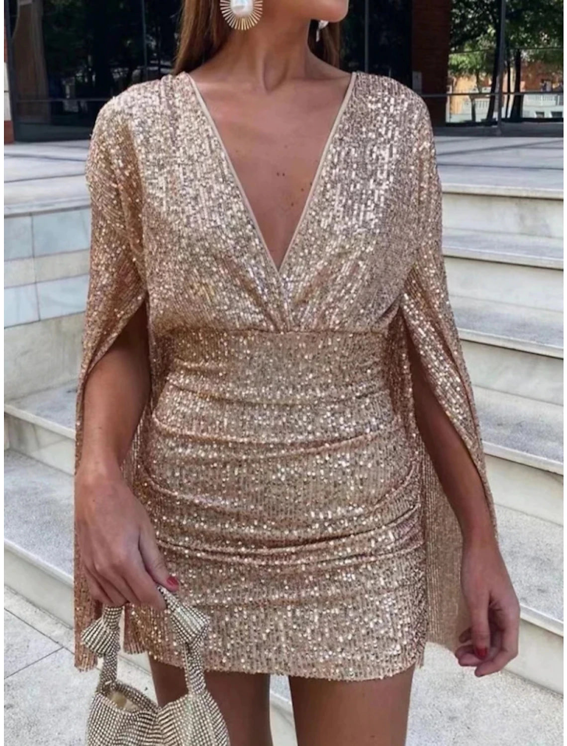 women's velvet dressesSheath / Column Party Dresses Backless Dress Party Wear Short / Mini Long Sleeve V Neck Sequined Backless with Glitter Ruched