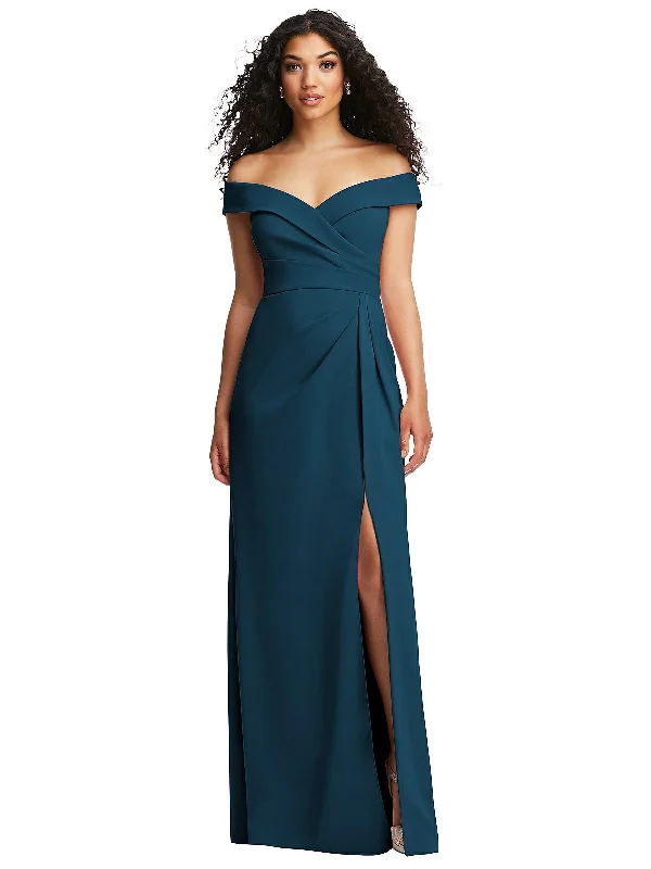 women's pear-shaped body dressesCuffed Off-the-Shoulder Pleated Faux Wrap Maxi Dress