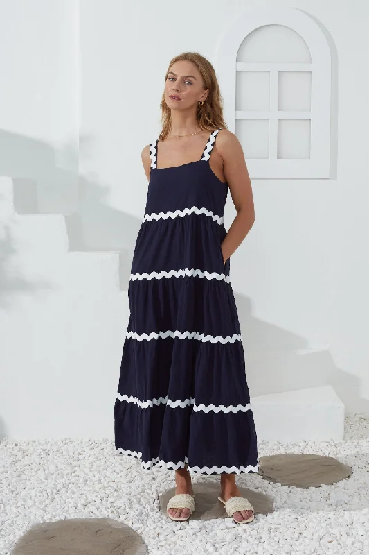 women's bell-sleeved dressesKalliope Navy White Ric Rac Tiered Maxi Dress