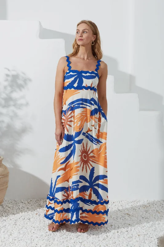 women's unique dressesTropicana Blue Orange Abstract Ric Rac Maxi Dress