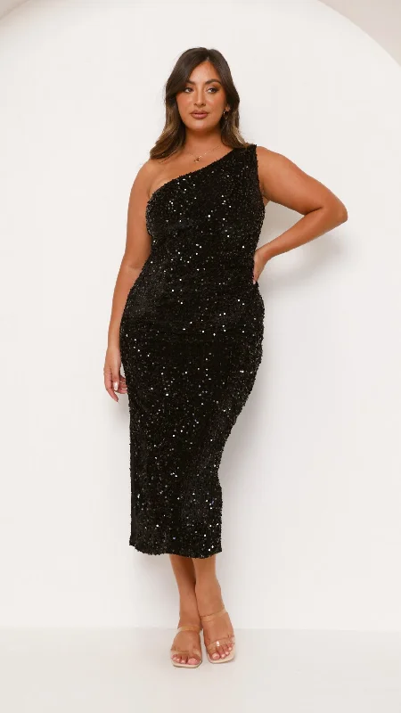 Asymmetric DressAnna Maxi Dress - Black/Black Sequins