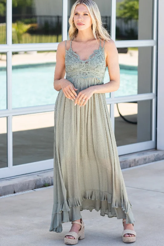 Glamour DressLock Eyes Olive Green Crochet Maxi Dress