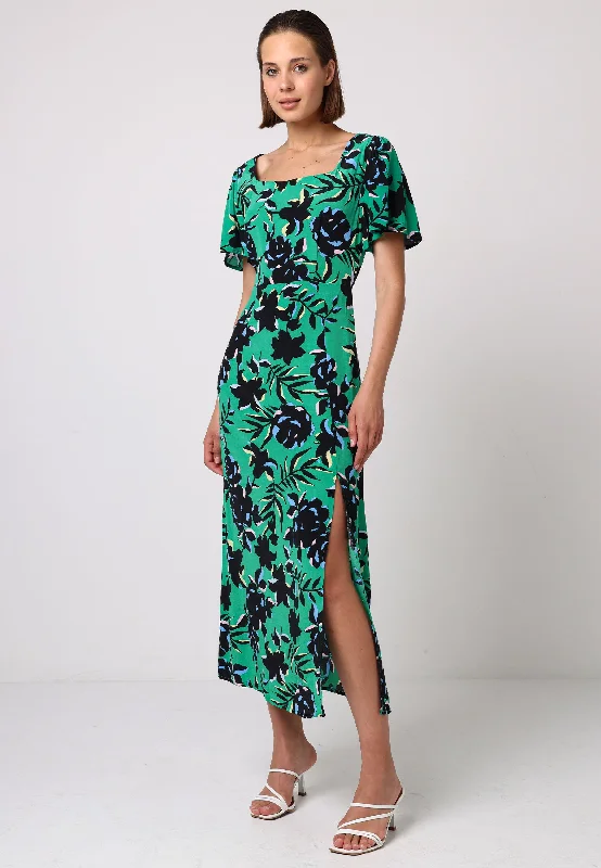 Ruffled Hem DressAngel Sleeves Green Midi Dress With Side Slit In Black Floral Print