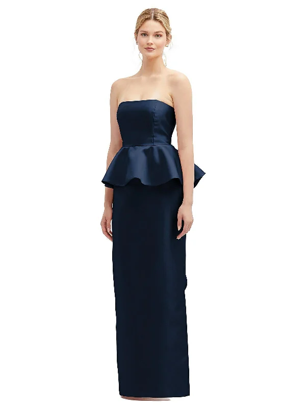 women's long-sleeved dressesStrapless Satin Maxi Dress with Cascade Ruffle Peplum Detail