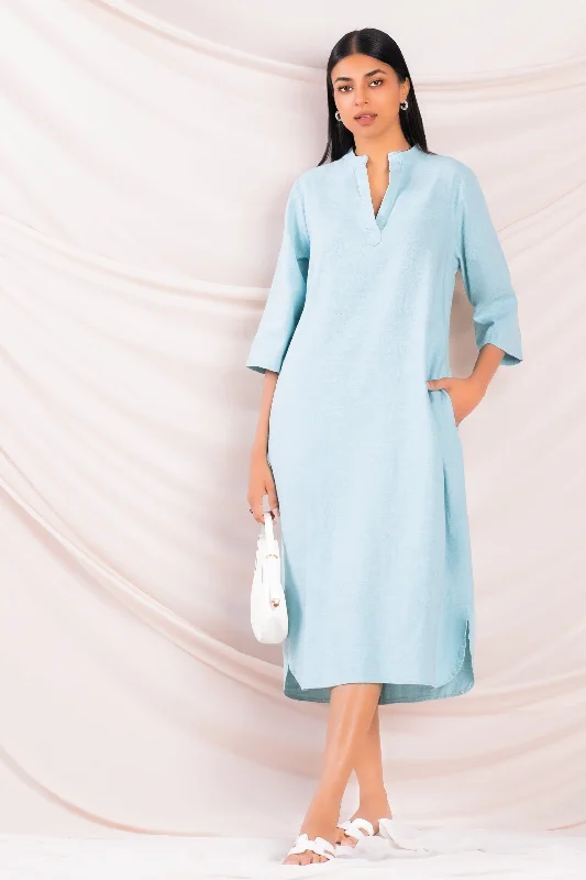 women's cocktail dressesBlue Mandarin Collar Midi Dress