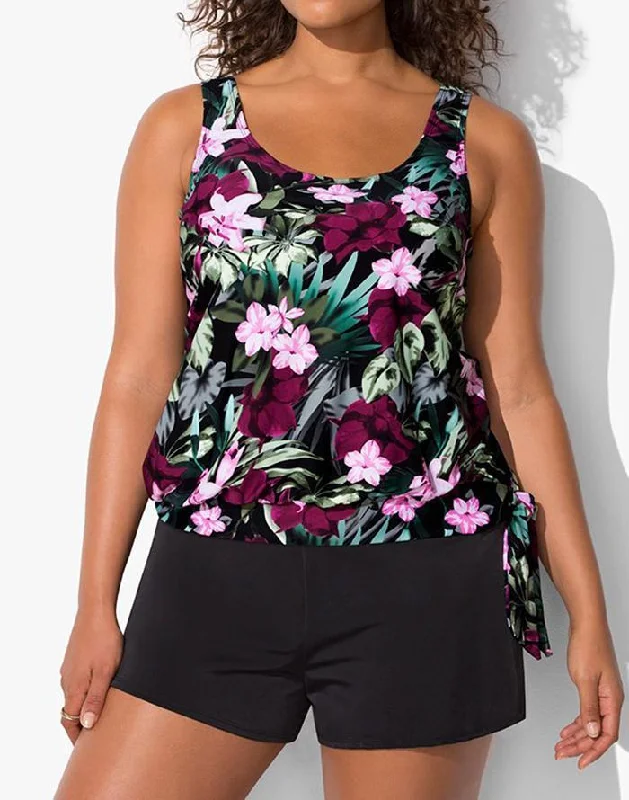 Bandeau Female SwimwearWine Pink Flower Side Tie Blouson Tankini With Cargo Swim Short