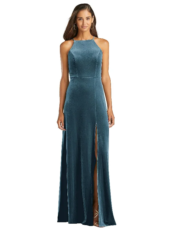 women's stretch dressesVelvet Halter Maxi Dress with Front Slit - Harper