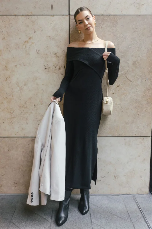 women's A-line dressesReputation Black Off Shoulder Jersey Maxi Dress