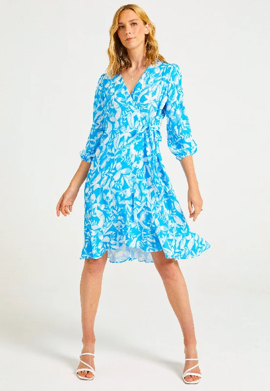 Knit DressMidi Wrap Dress in Blue Leaf Print