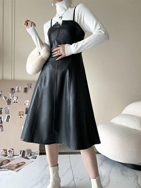 women's short-sleeved dressesSpliced Pu Leather Slip Midi Dress