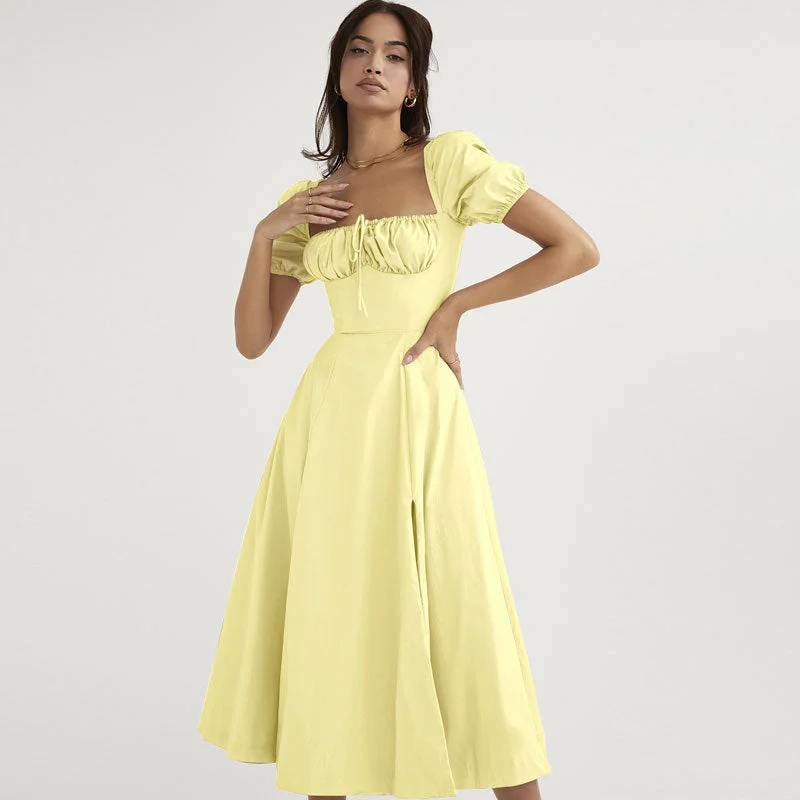 Bow-Tie DressPuff Sleeve Tie Front High Split Off Shoulder Midi Sundress - Yellow