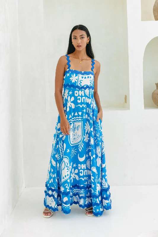 Peplum Hem DressSoquila Blue Tropical Ric Rac Maxi Dress