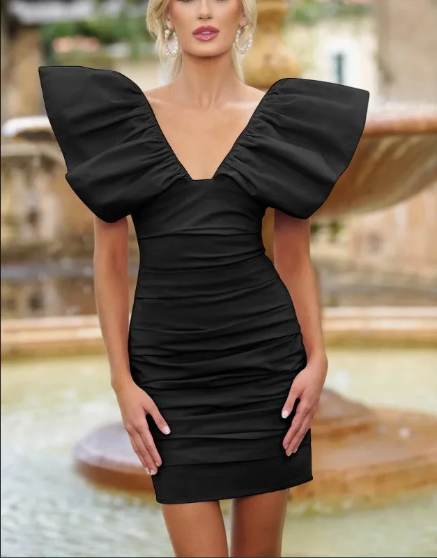 women's machine-washable dressesDingJiDress New Pattern Wedding Guest Dress V Neckline Ruched Fabric Big Flying Sleeve Mini Dress Black Formal Dress Evening Dress