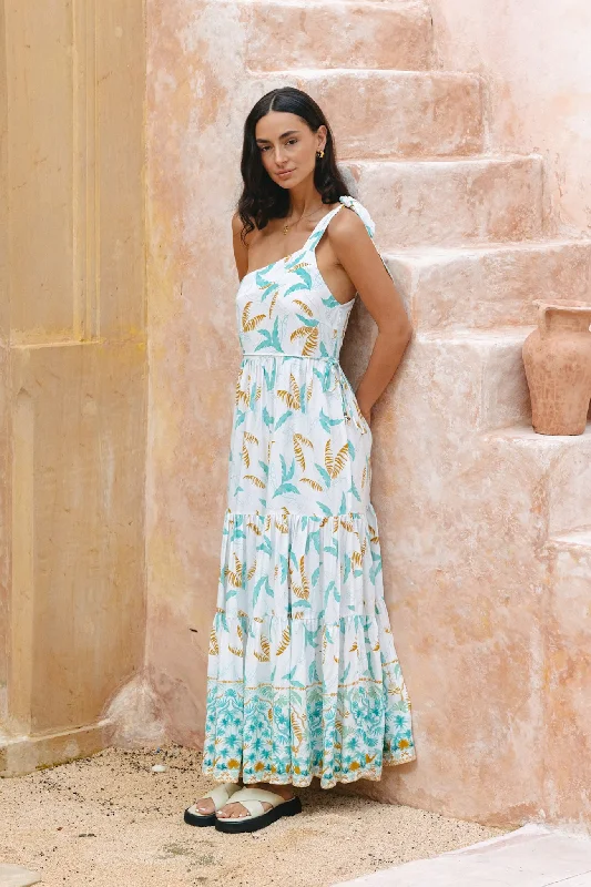 Scoop-Neck DressWisteria Blue Tropical Boho One Shoulder Tie Maxi Dress