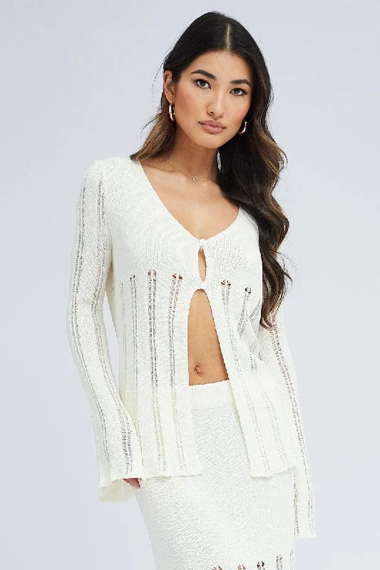 White Cardigan Long Sleeve V Neck Button Ladder Knitted