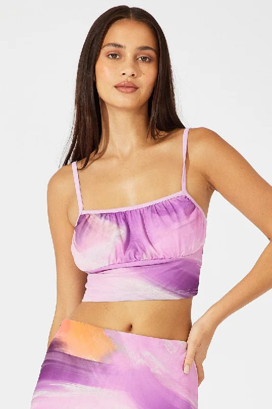 Pink Abstract Singlet Cami Crop Mesh Printed