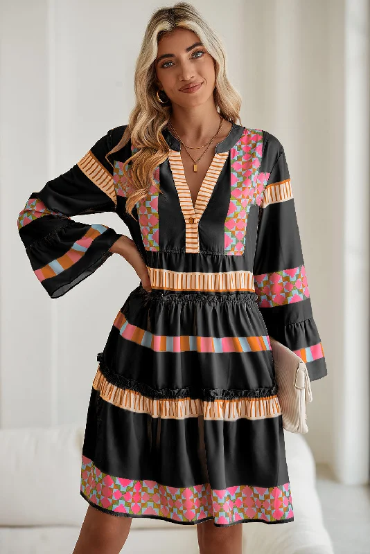 women's high-low dressesBlack Ethnic Geometric Print Ruffle Mini Dress