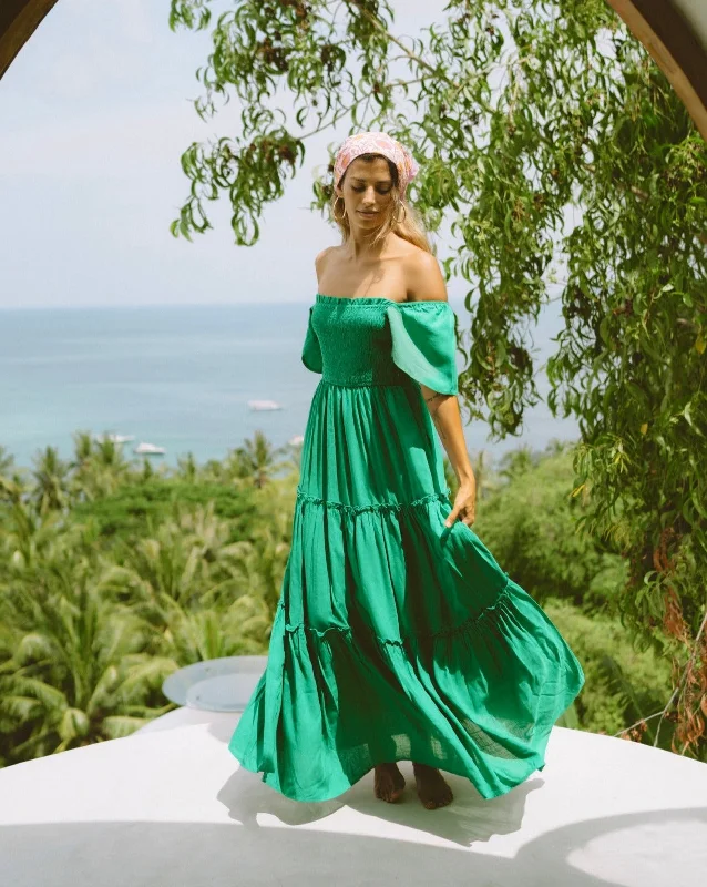 women's bow dressesTerra Emerald Green Tiered Maxi Dress