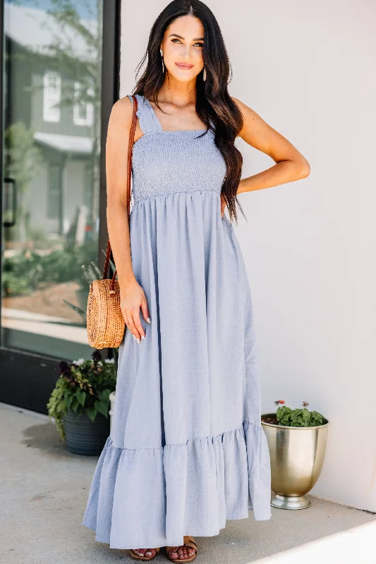 women's casual Friday dressesEasy Love Light Slate Blue Smocked Maxi Dress