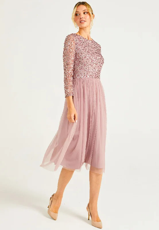 Cut-Out DressEmbellished Sequin Long Sleeve Midi Dress in Lavender