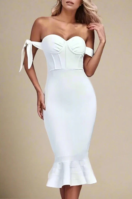 Peplum DressHunter Bandage Midi Dress - Pearl White