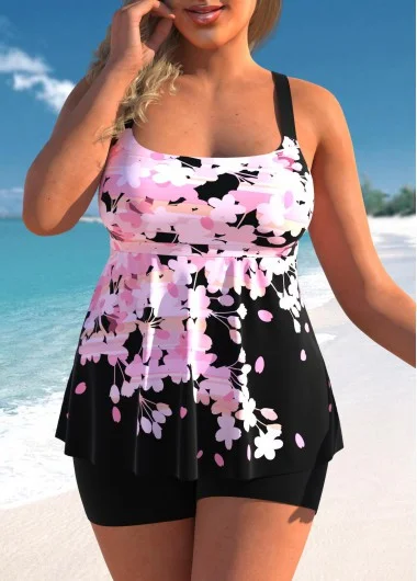 Casual Female SwimwearPlus Size Floral Print Pink Tankini Set