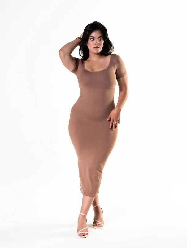 Bohemian DressBodycon Shapewear Midi Slit Dress with Short Sleeves