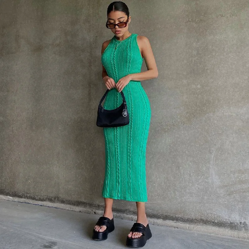 Tall Women DressTrendy Sleeveless Round Neck Cable Knit Midi Dress - Green