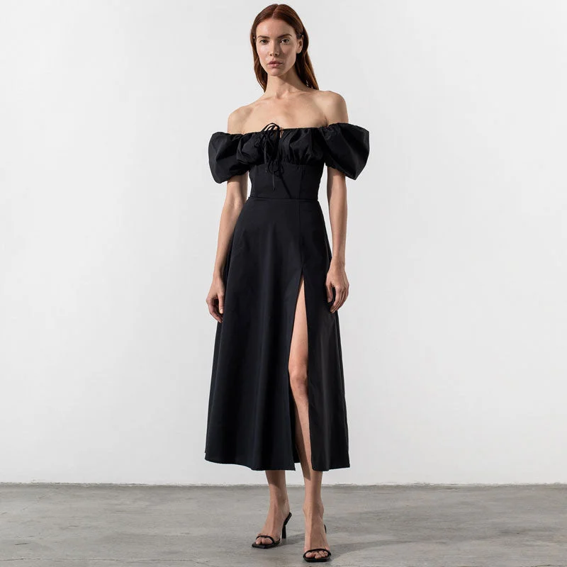 Spaghetti Strap DressPuff Sleeve Tie Front High Split Off Shoulder Midi Sundress - Black