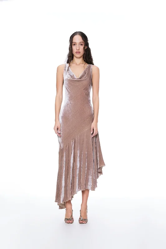 women's evening dressesBLUSH DRAPED VELVET MAXI DRESS