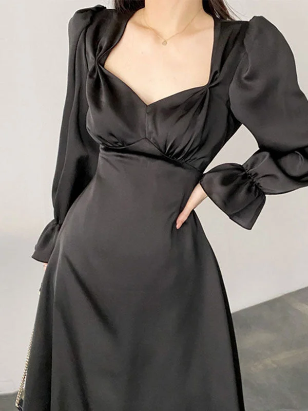 women's business casual dressesSatin Puff Sleeve Midi Dress