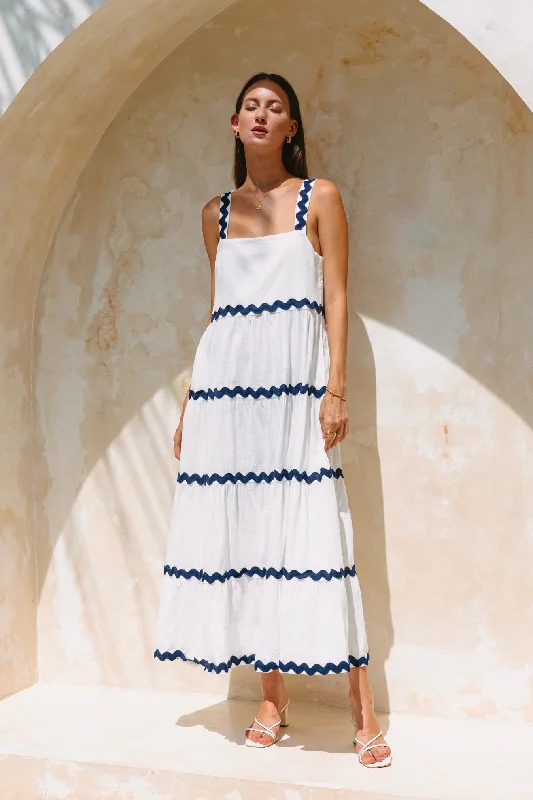 Bridesmaid DressKalliope White Navy Ric Rac Tiered Maxi Dress