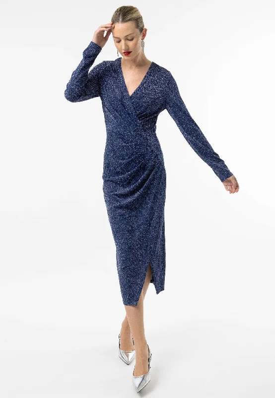 women's midi dressesMetallic Long Sleeve Faux Wrap Midi Dress in Navy Silver