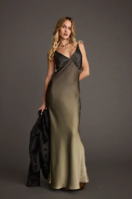 women's metallic dressesMirabella Olive Satin Ombre Maxi Dress