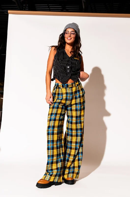 women's waterproof pantsLovers Lane Plaid Wide Leg Trousers in Yellow