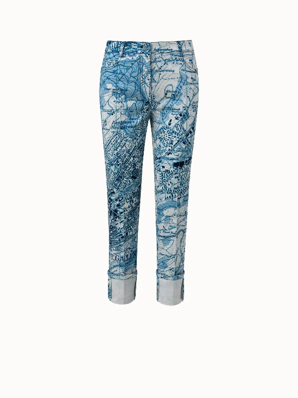 women's distressed pantsSt. Gallen Map Print Cotton Denim Pant