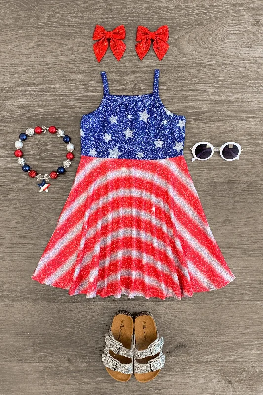 women's wrap dressesAmerican Flag Faux Glitter Dress