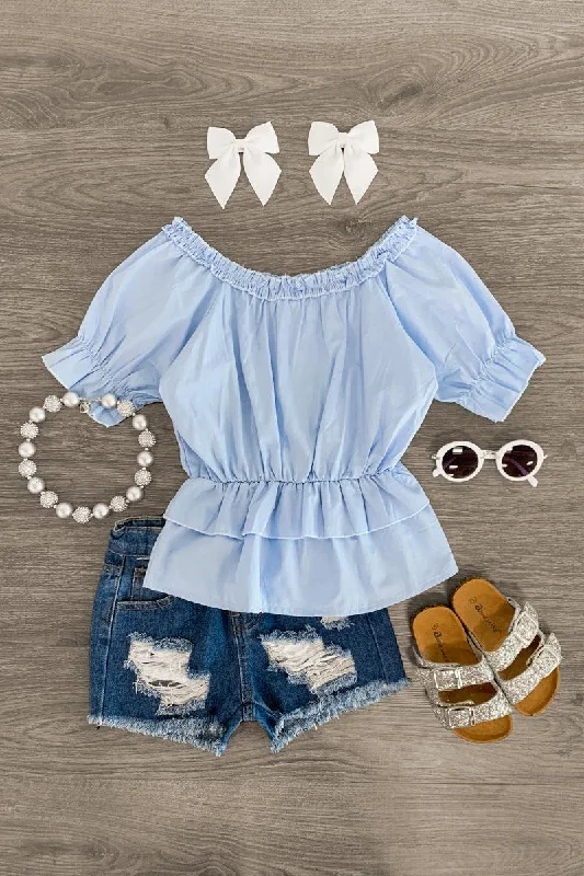 women's bow dressesLight Blue Distressed Denim Short Set