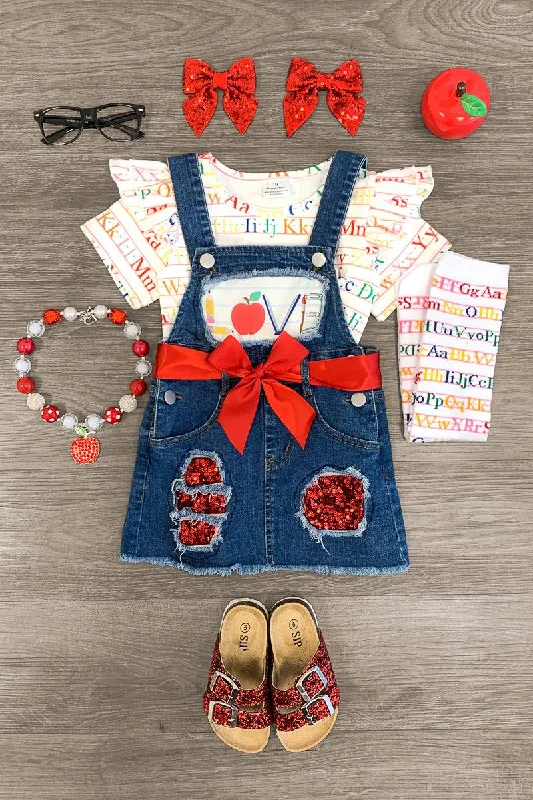 Embellished Dress"LOVE" Denim Jumper Dress Set