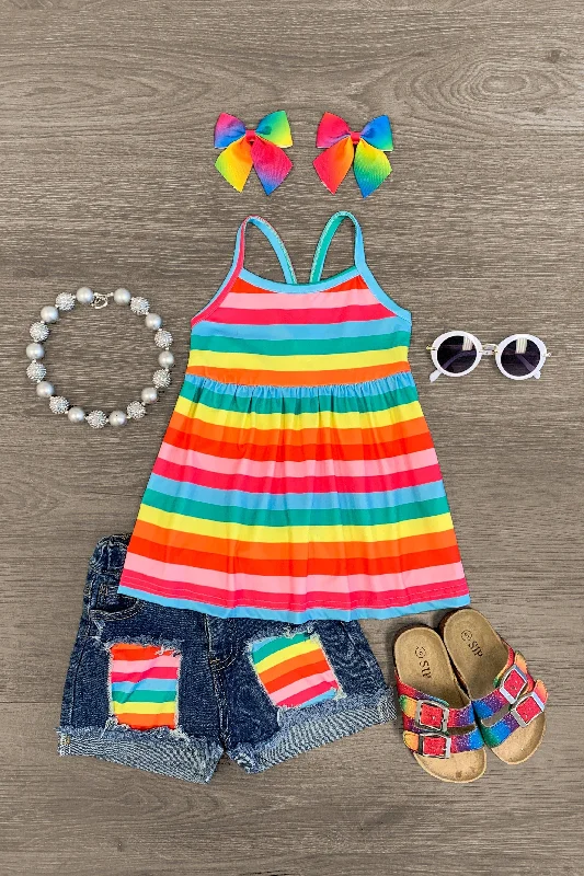 Maternity DressRainbow Stripe Distressed Denim Short Set