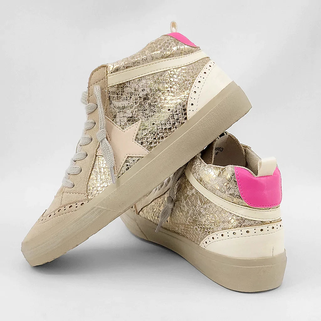 women's high-end dressesShu Shop Paulina Gold Snake Print Sneakers