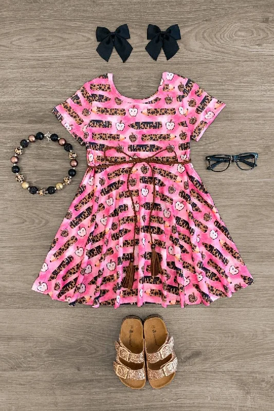 Zip-Up DressPink Leopard Pencil Braided Belt Dress