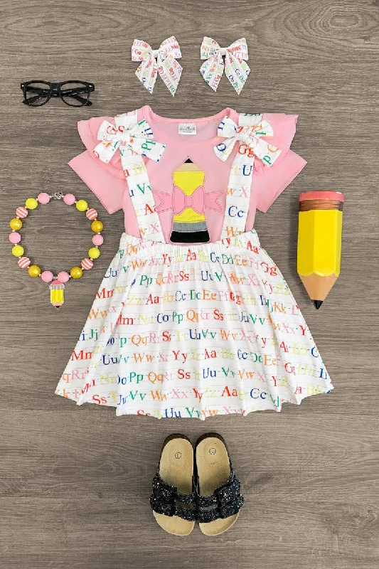 women's denim dressesPink Pencil Alphabet Suspender Skirt Set