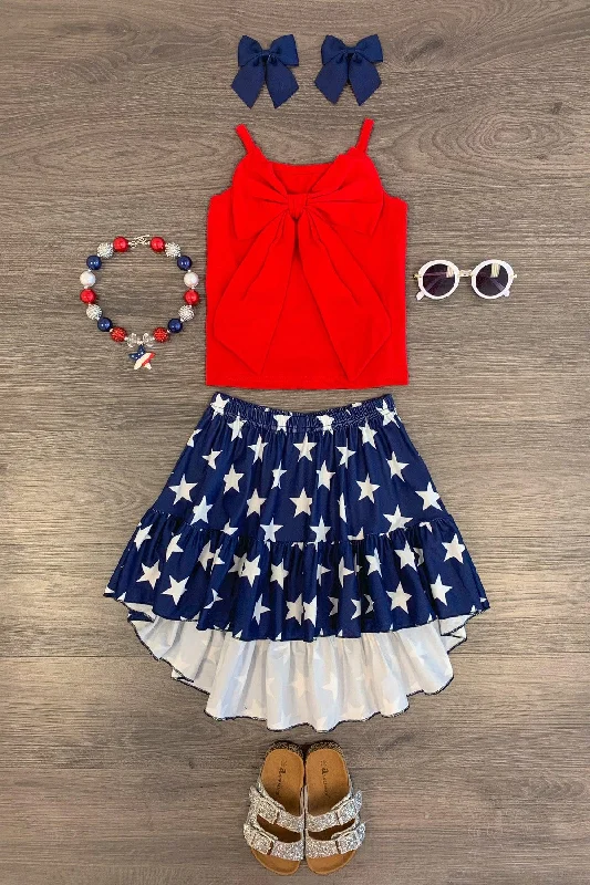 women's business casual dressesRed Bow Tank & Blue Stars Skirt Set