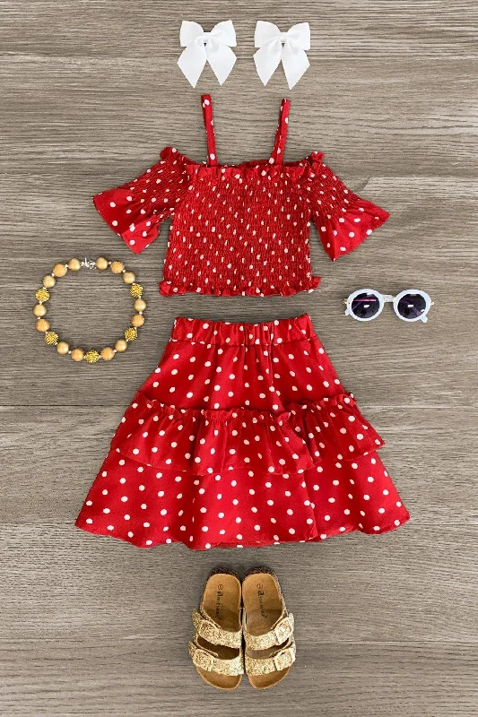 women's minimalist dressesRed Cold Shoulder Polka Dot Skirt Set