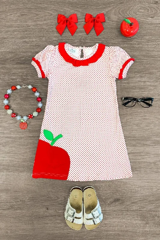 women's vacation dressesRed Polka Dot Embroidered Apple Dress