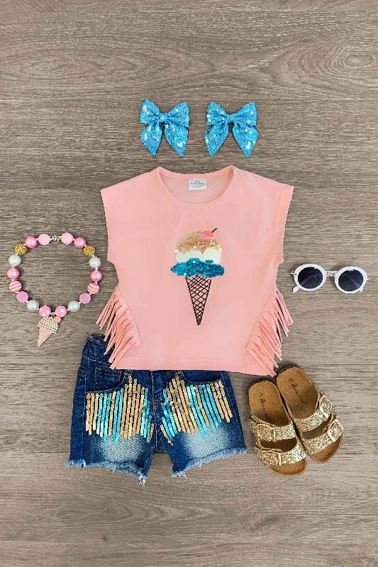 Designer DressSequin Ice Cream Cone Denim Short Set