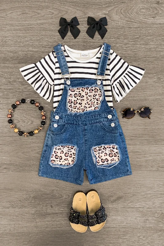 women's wedding guest dressesStriped Leopard Denim Overall Set