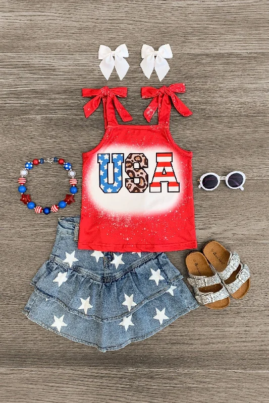 women's affordable dresses"USA" Red Ruffle Star Denim Skirt Set